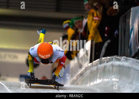 Winterberg, Allemagne. 14 Décembre, 2018. Squelette, Coupe du monde, les femmes, 2e run dans le Veltins-Eisarena : Tina Hermann de Allemagne commence. Credit : Christophe Gateau/dpa/Alamy Live News Banque D'Images