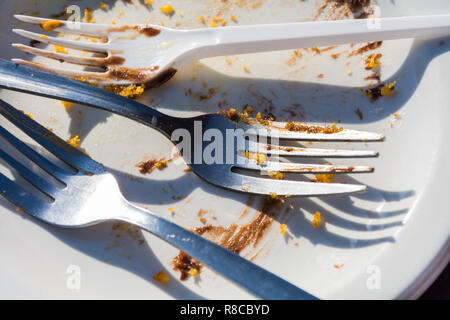 Utilisé la fourche (deux groupes, l'un plastique) sur un plateau juste après avoir mangé un gâteau. Pourrait être utilisé en tant que concept comparant les couverts jetables et réutilisables. Banque D'Images