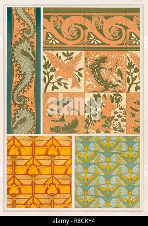 Dessins pour papier peint et Cermaic carreaux, pub. 1897. Créateur : Maurice Pillard Verneuil (1869 ?1942). Banque D'Images