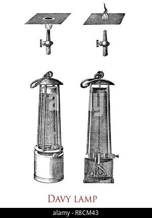 La gravure de la Davy Vintage lampe, lampe de sécurité pour une utilisation dans des atmosphères inflammables comme les mines de charbon, inventé en 1815 par Sir Humphrey Davy. Il se compose d'une lampe à mèche avec la flamme était jointe à l'intérieur d'une grille métallique Banque D'Images