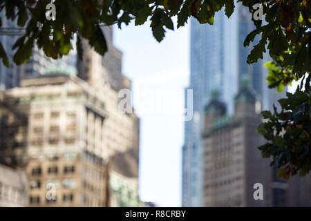 (Selective focus) floue énormes bâtiments et de beaux gratte-ciel à Manhattan, New York City, USA. Banque D'Images