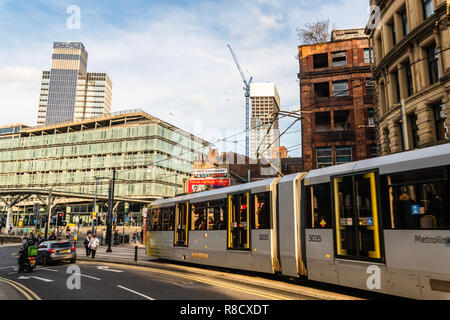 L'échange de Shudehill Metrolink, Co-Operative et dans le centre de Manchester UK Banque D'Images