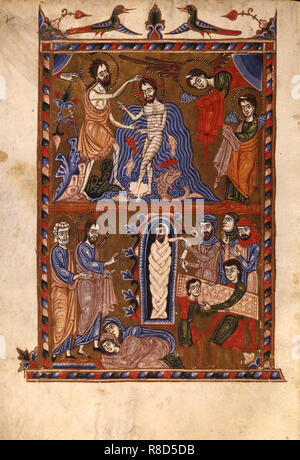 Le Baptême du Christ. La résurrection de Lazare (Manuscript illumination du Matenadaran évangile), Banque D'Images