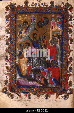 L'entrée du Christ à Jérusalem (Manuscript illumination du Matenadaran évangile), 1286. Banque D'Images