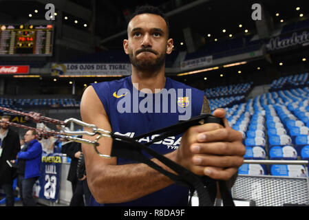 Madrid, Espagne. 13 Décembre, 2018. Ádám Hanga, # 8 de Lassa de Barcelone se réchauffe avant la Turkish Airlines EuroLeague 2018/2019 Saison régulière 12 Ronde match entre le Real Madrid et le FC Barcelone à WiZink Lassa au centre de Madrid. Real Madrid (Espagne) a battu le FC Barcelone (Espagne) 92-65 de Lassa. Credit : Jorge Sanz/Pacific Press/Alamy Live News Banque D'Images