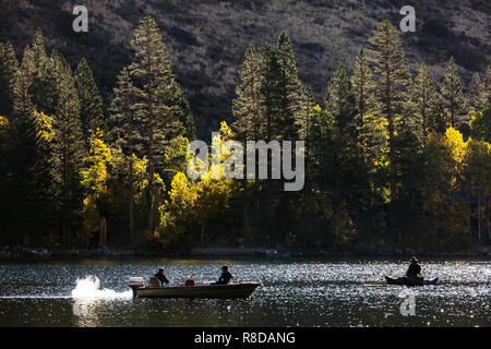 Pêcheur au lac d'argent aux couleurs de l'automne sur la BOUCLE DU LAC JUIN - l'EST DE LA SIERRA, EN CALIFORNIE Banque D'Images