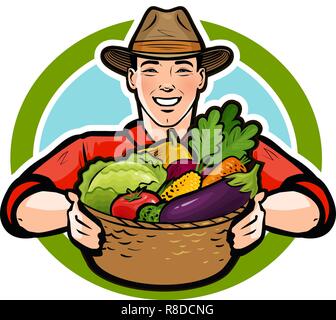 Happy Farmer holding un panier en osier plein de légumes frais. L'agriculture, la ferme, l'agriculture concept. Cartoon vector illustration Illustration de Vecteur