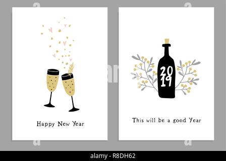 Ensemble de bonne année cartes de vœux, invitations de partie avec à la main des verres à vin, bouteille et confettis étoiles. Texte Handlettered. Illustrations vectorielles, fond blanc. Illustration de Vecteur