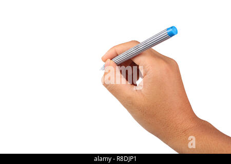 Photo image d'une main tenir pen en position d'écriture isolé sur blanc avec de l'espace vide Banque D'Images