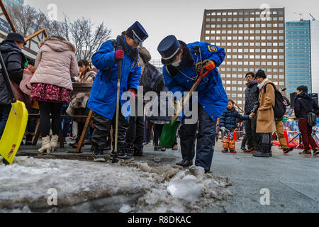 Les agents publics à pelleter la neige gelé dans le Parc Odori, centre de Sapporo. Hokkaido, Japon. Banque D'Images