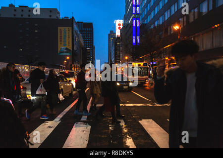 Dans les rues animées du quartier Susukino à Sapporo pendant la période de Noël dans la nuit. Sapporo, Hokkaido, Japon. Banque D'Images