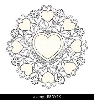 Mandala de fleurs avec le coeur. Valentines Day page à colorier Illustration de Vecteur