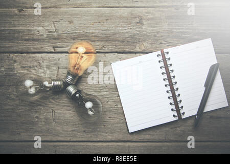 Bulbes,carnet et un stylo sur la table en bois Banque D'Images