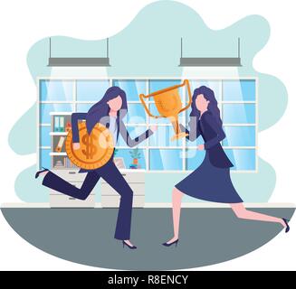 Businesswomen avec trophée et médaille dans la salle de séjour Illustration de Vecteur