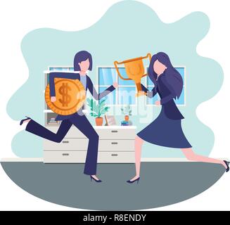 Businesswomen avec trophée et médaille dans la salle de séjour Illustration de Vecteur