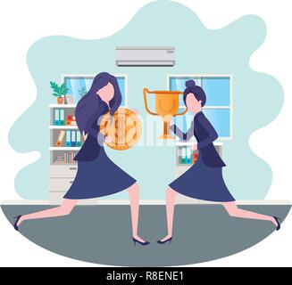 Businesswomen avec trophée et médaille dans la salle de séjour Illustration de Vecteur