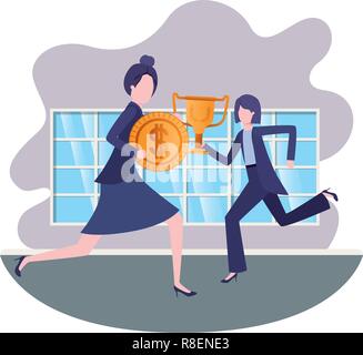 Businesswomen avec trophée et médaille dans la salle de séjour Illustration de Vecteur