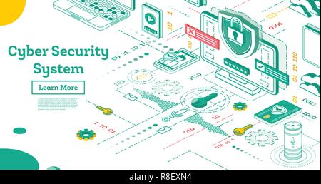 Contours Cyber Security Concept. Illustration isométrique isolé sur blanc. Concept de protection des données. Carte de Crédit Chèque et de logiciels d'accéder aux données Illustration de Vecteur