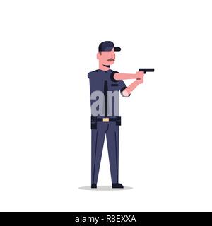 L'homme garde de sécurité en uniforme noir tenue agent de police pistolet homme personnage télévision pleine longueur isolée Illustration de Vecteur