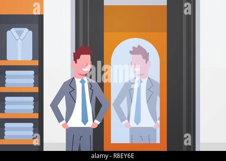 Businessman essayant sur nouveau costume homme élégant à la boutique de mode miroir au marché des vêtements masculins moderne centre commercial intérieur plate horizontale Illustration de Vecteur