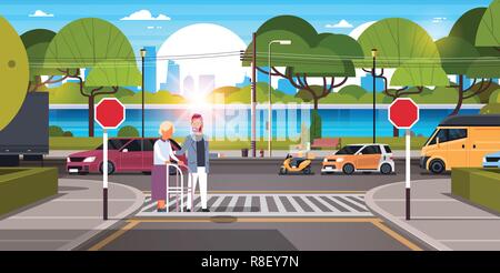 Aider les cadres homme femme avec quelques stisk crossing street ville urbain voitures trafic routier sur la rivière de concordance des bancs en bois d'arbres verts cityscape background flat horizontal Illustration de Vecteur