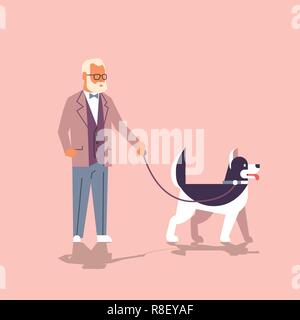 Man Walking avec chien husky grand-père avec son meilleur ami animal animaux télévision concept personnage pleine longueur Illustration de Vecteur