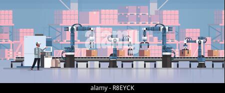 Contrôle de l'ingénieur l'homme Bande de mains robotiques de ligne de production Automatisation d'usine de fabrication de stockage entrepôt concept horizontal intérieur Illustration de Vecteur