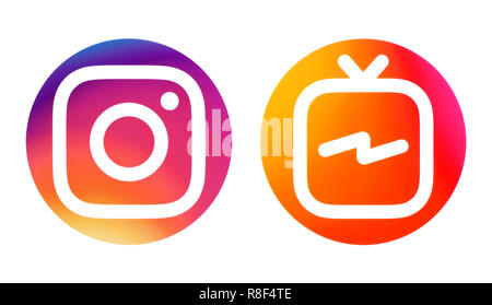 Kiev, Ukraine - 09 octobre, 2018 : Instagram et Instagram plat (IGTV) icônes imprimées sur papier blanc Banque D'Images