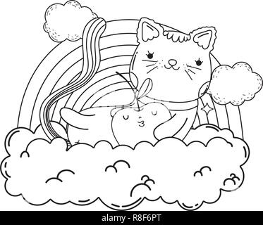 Chat mignon avec Apple dans les nuages frais Illustration de Vecteur