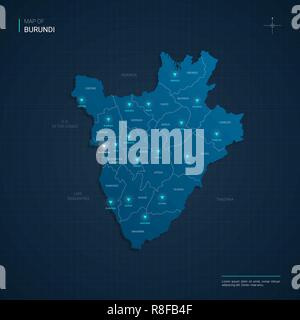Burundi carte vecteur illustration avec néon bleu lightpoints - triangle sur fond dégradé bleu foncé. Divisions administratives Illustration de Vecteur