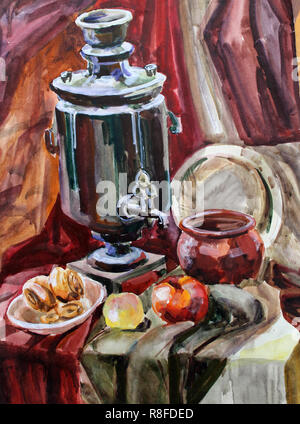 La vie encore la peinture couleur gouache bleu vaisselle samovar, bouteille, verre Banque D'Images
