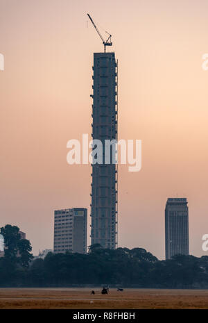 Bergers indiens avec leurs chèvres domestiques au sol de Maidan donnant sur les immeubles de grande hauteur à Kolkata, Inde. Banque D'Images