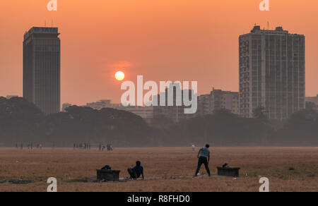 Bergers indiens avec leurs chèvres domestiques au sol de Maidan donnant sur les immeubles de grande hauteur à Kolkata, Inde. Banque D'Images