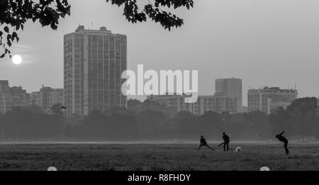 Bergers indiens avec leurs chèvres domestiques au sol de Maidan donnant sur les immeubles de grande hauteur à Kolkata, Inde. Banque D'Images