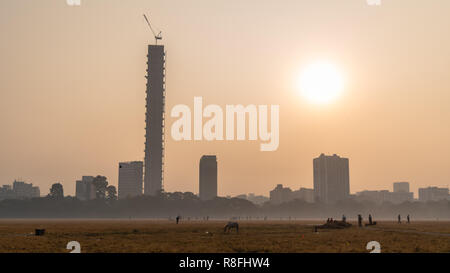 Bergers indiens avec leurs chèvres domestiques au sol de Maidan donnant sur les immeubles de grande hauteur à Kolkata, Inde. Banque D'Images