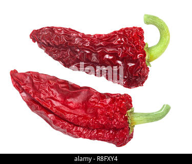 Variété Gorria Basque séché de type Espelette poivrons du chili, les gousses entières (C. annuum), vue du dessus Banque D'Images