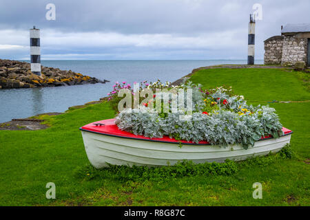 Bateau avec des fleurs en Carnlough, comté d'Antrim, en Irlande du Nord Banque D'Images