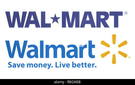 Kiev, Ukraine - 09 octobre, 2018 : Walmart anciens et nouveaux logos imprimés sur papier blanc. Walmart est une multinationale américaine société de vente au détail Banque D'Images