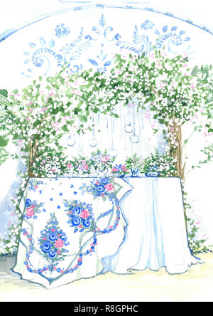 Décoration de table de mariage est juste mariés. Croquis de l'intérieur de mariage avec l'aquarelle. Banque D'Images