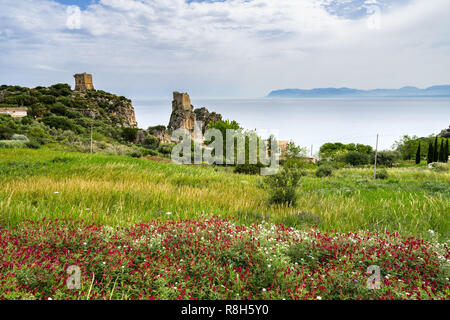 Paysage avec les piles et Tonnara de Scopello, avec des fleurs en premier plan, Castellamare del Golfo, en Sicile, Italie Banque D'Images