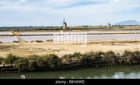 Vaste paysage de la réserve naturelle de Stagnone typique avec des vieux moulins et étangs d'évaporation de sel, Marsala, Sicile, Italie Banque D'Images