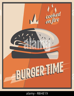 Poster rétro avec burger de boeuf Viande. restaurant Concept et design. Style Vintage background. illustration. Banque D'Images