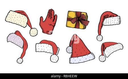La part du Père Noël collection de différentes formes santa noël chapeaux, dans le style de la gravure vintage Illustration de Vecteur