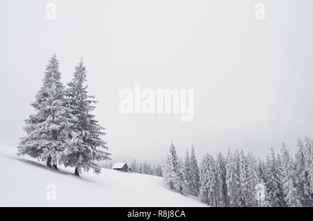 Paysage d'hiver avec les chasseurs de maison dans les montagnes. Carpates, Ukraine Banque D'Images