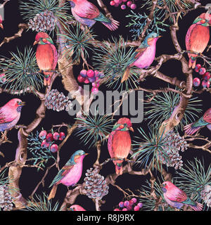 Bouquets de Noël Vintage motif transparent, Nouvel An décoration avec des oiseaux, des branches de pins, des baies, des pommes de pins. Naturel botanique Aquarelle Win Banque D'Images