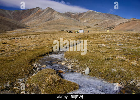 Rivière gelée et camping le long de la Tso Moriri trek, Ladakh, Inde Banque D'Images