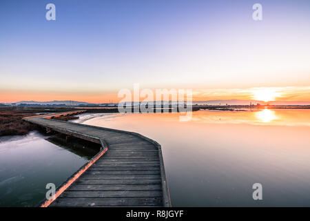 Promenade en bois à travers les marais maritimes d'Alviso, Don Edwards San Francisco Bay National Wildlife Refuge, San Jose, Californie ; coucher du soleil Banque D'Images