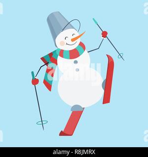 Le ski. Bonhomme portant un foulard rayé et un seau sur la tête. Nouvelle Année. Vector illustration. Illustration de Vecteur