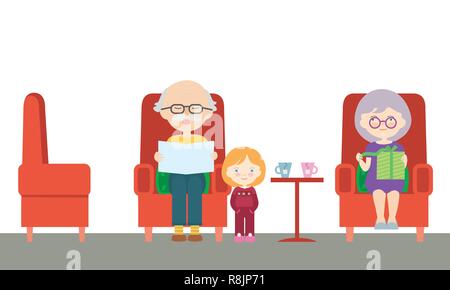 Modèle plat cartoon illustration d'un grand-père et grand-mère assise sur une chaise et petit-enfant sur une visite, lire un journal et de déballer une bi Illustration de Vecteur