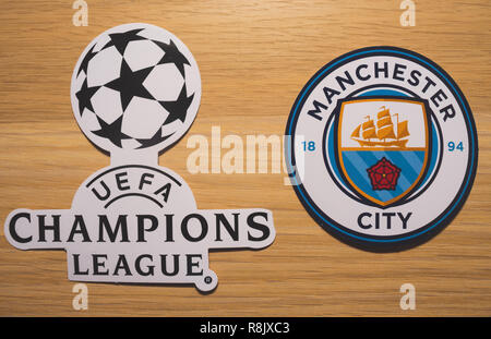 15 décembre 2018. Nyon Suisse. Le logo du club de football Manchester City F.C. et l'UEFA Champions League. Banque D'Images